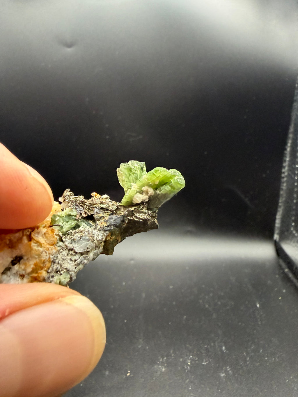 Tremolite verte  var. chrome sur pyrite, Lac-ste-marie, Québec, Canada, Grenville, Sp#189